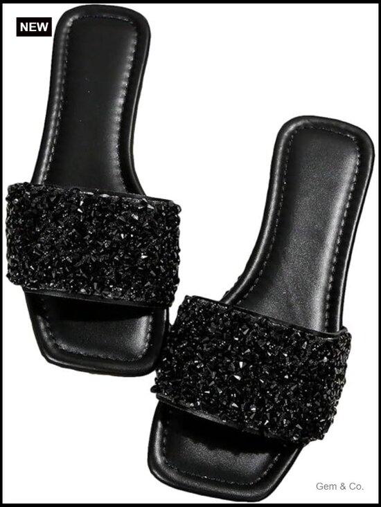 Sparkly Rhinestone Flat Sandals Dressy Open Toe Slide Slippers